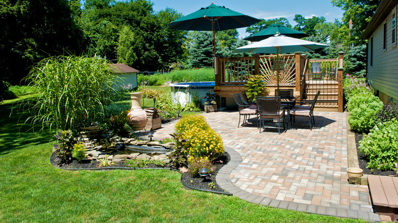 Brick patio in backyard