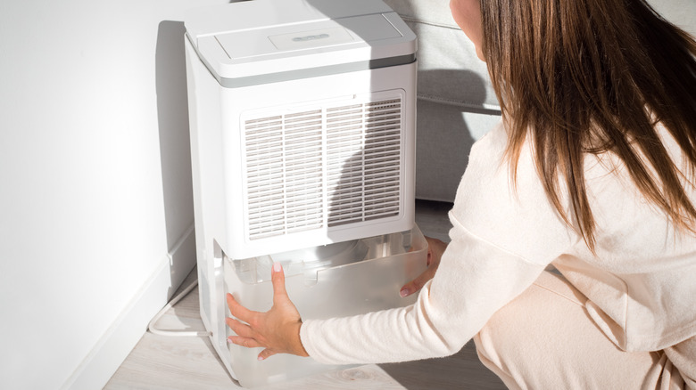 woman emptying dehumidifier