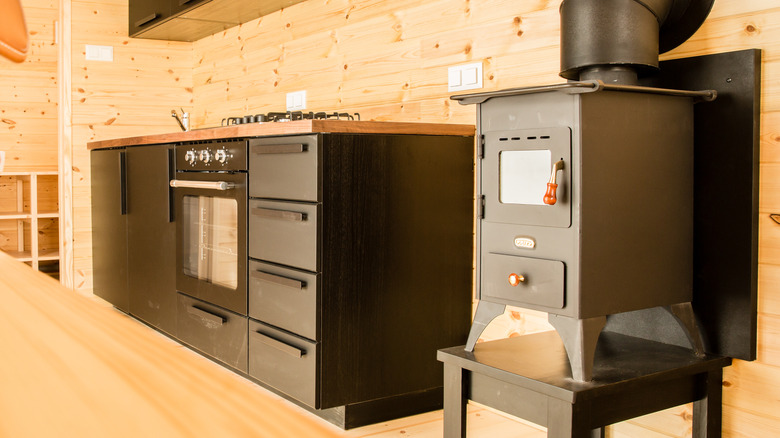 wood-burning stove in tiny house