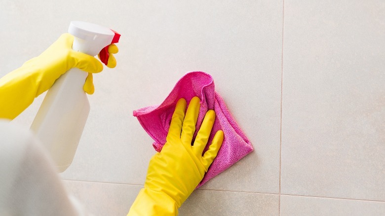 Gloved hands holding spray bottle and sponge in bathroom