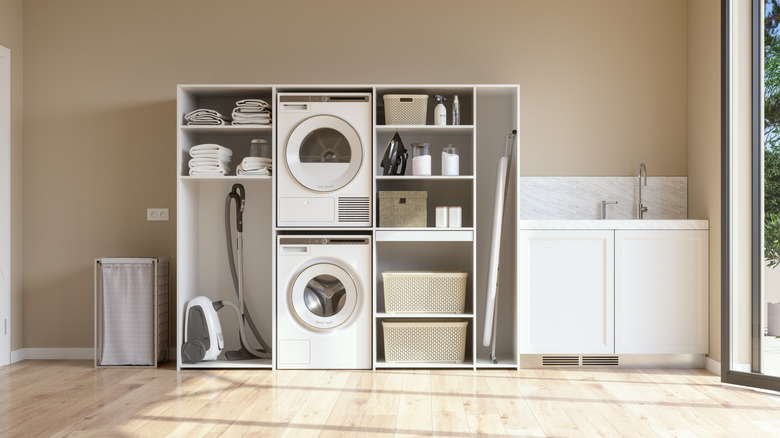 Laundry room with open shelving