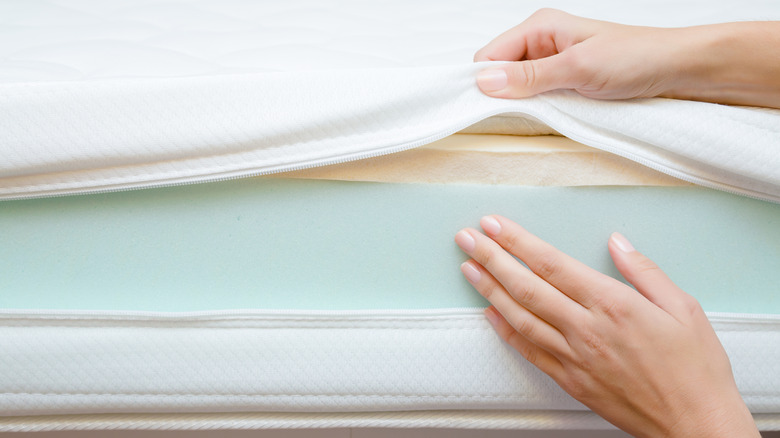 Person displaying materials inside mattress