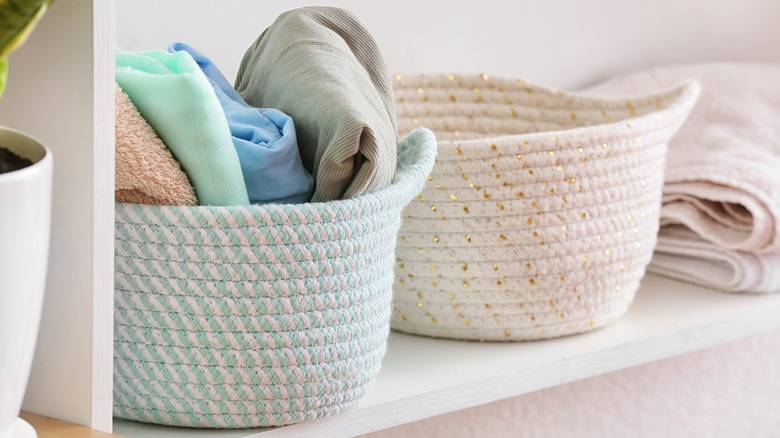 fabric storage bins on a shelf