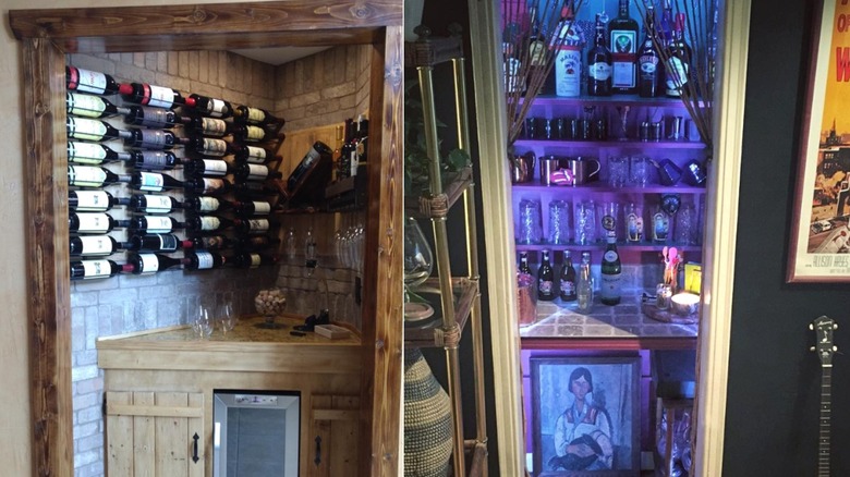 Split images of two closet bars, the one on the left is a wine bar and the right has a speakeasy style