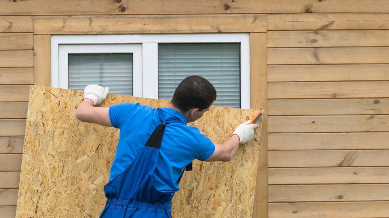 man installing plywood 