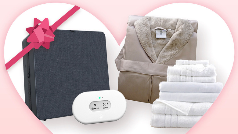 HouseDigest giveaway items including an air purifier and robes