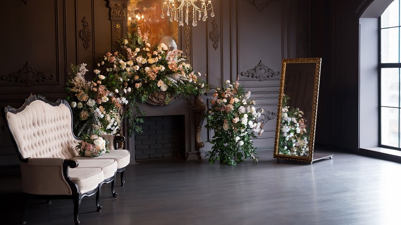 Fireplace surrounded by roses