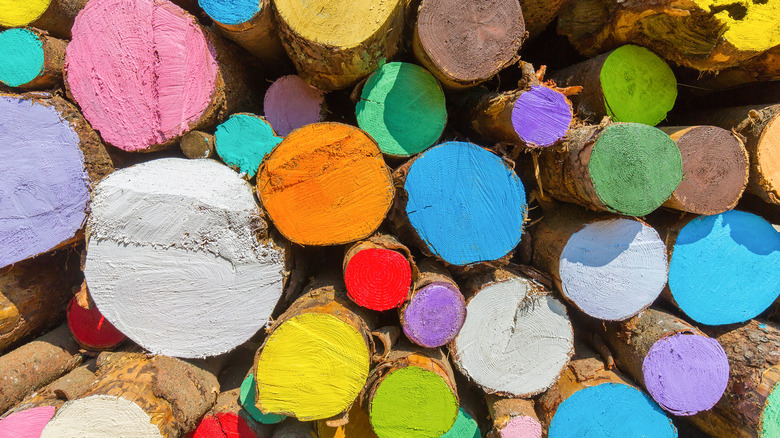 Stacked firewood with painted ends