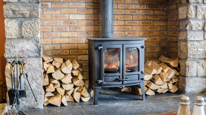 Wood stove surrounded by firewood