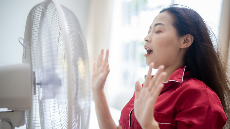 Woman in front of fan