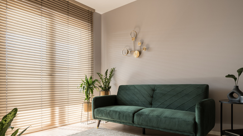 Room with green couch and natural light filtering in via set of blinds