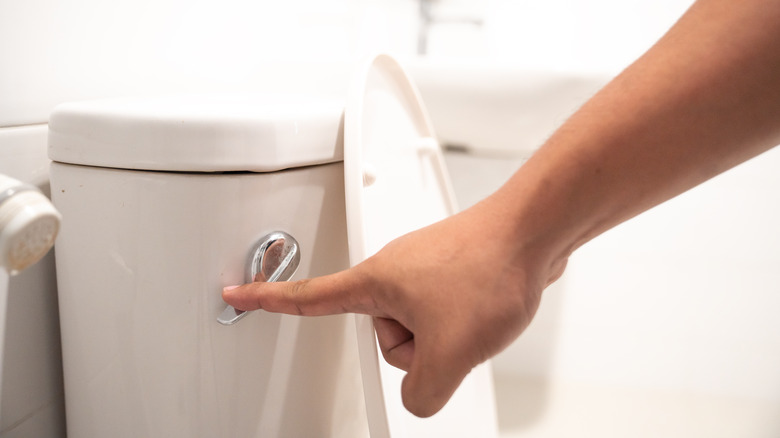 Finger pressing down on toilet handle