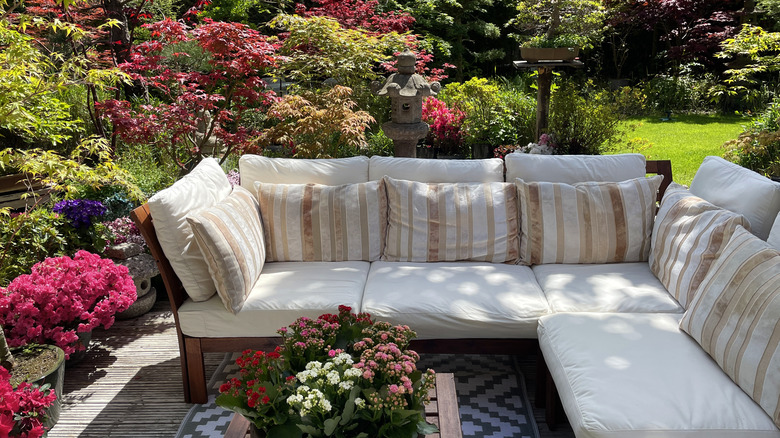 Azaleas surround patio seating