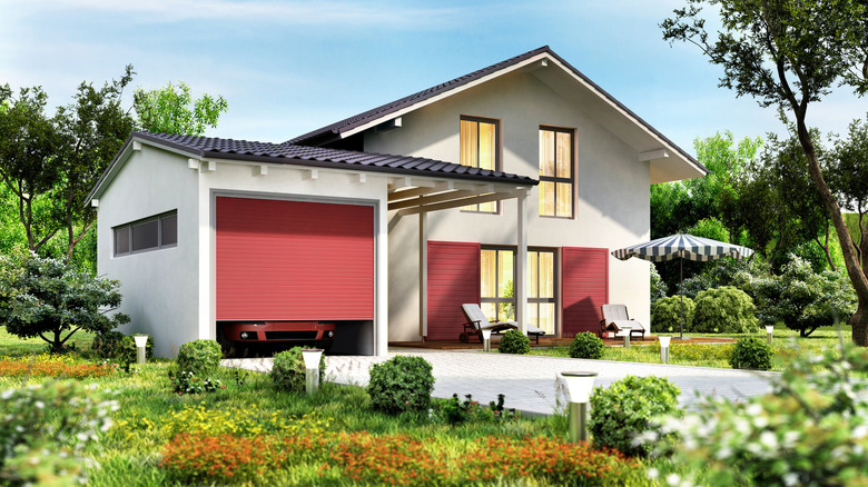 House with red garage door 