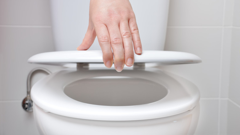 hand opening white toilet seat