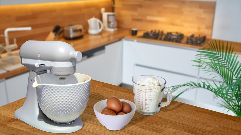 grey kitchenaid mixer on counter