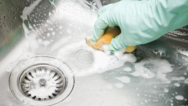 person scrubbing sink