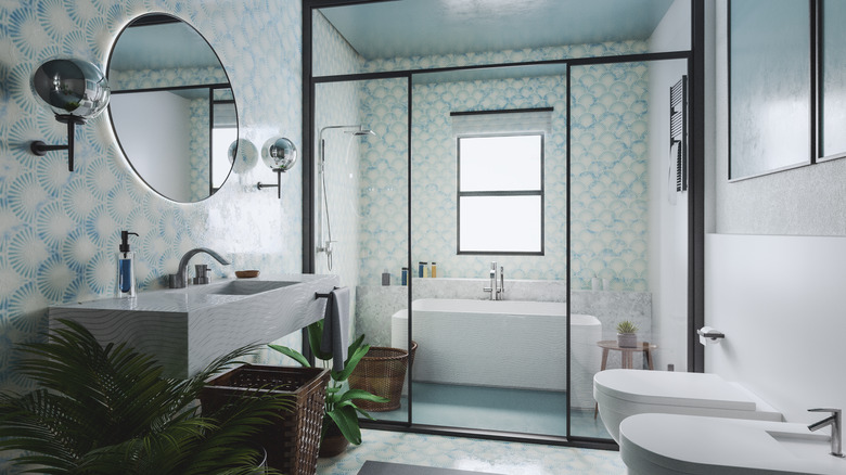 Bathroom with colorful patterned tile