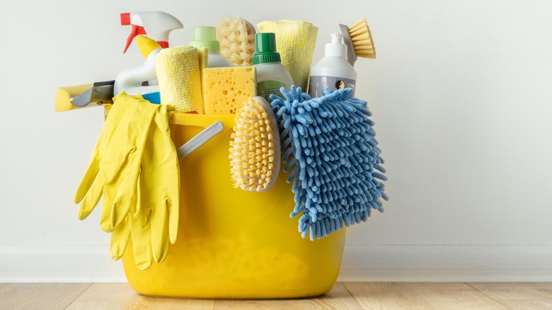 Cleaning products in bucket