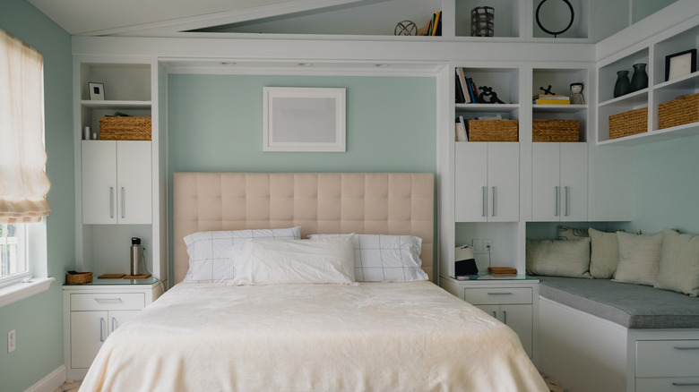 Bedroom with storage shelves