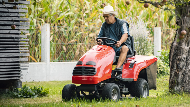 man using a garden tractor to mow